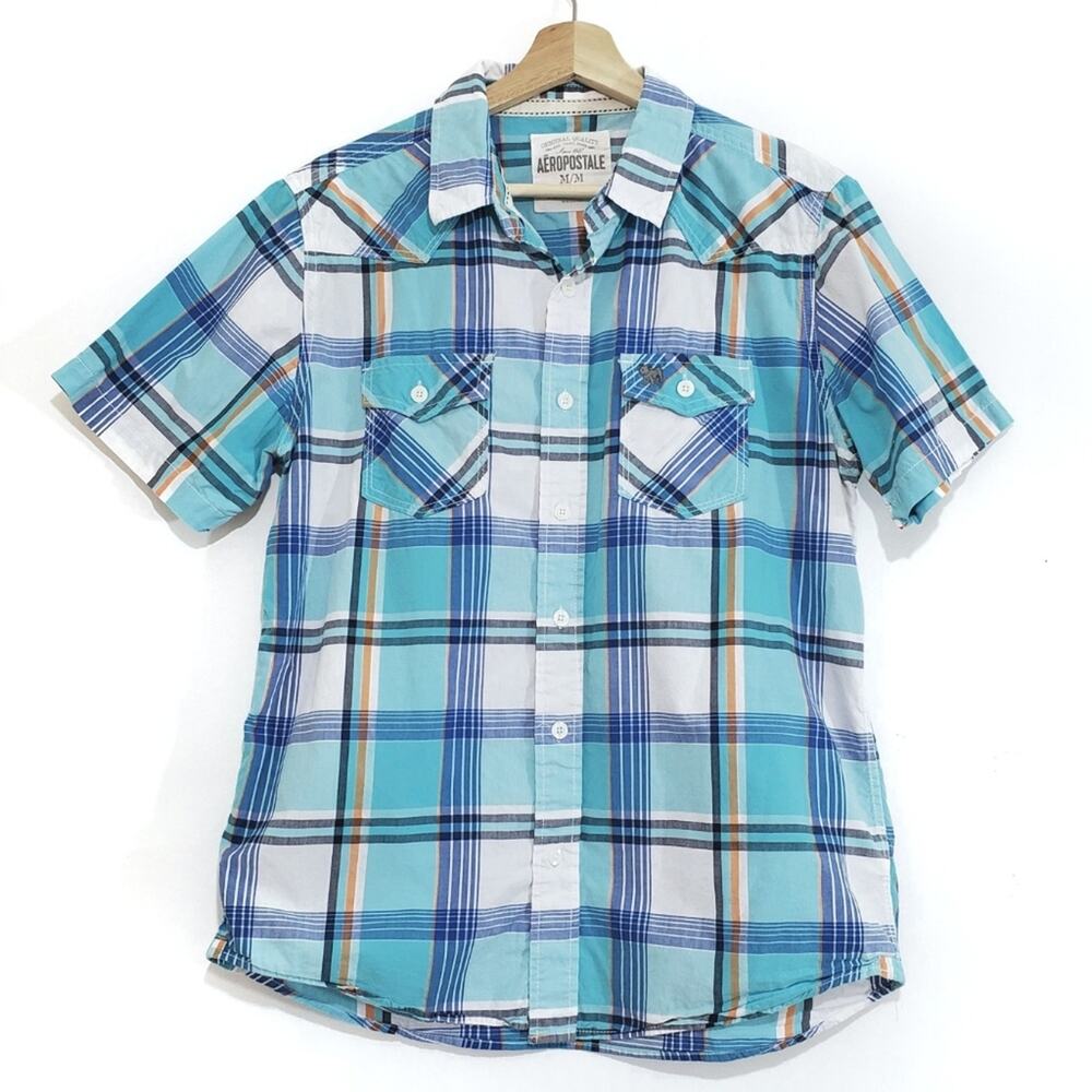 Aeropostale Plaid Button Front Short Sleeve Shirt Blue MEDIUM Preppy Western